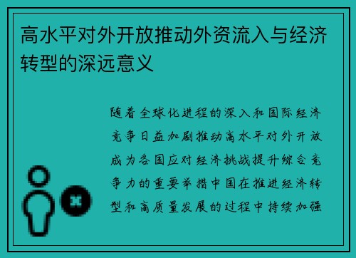 高水平对外开放推动外资流入与经济转型的深远意义